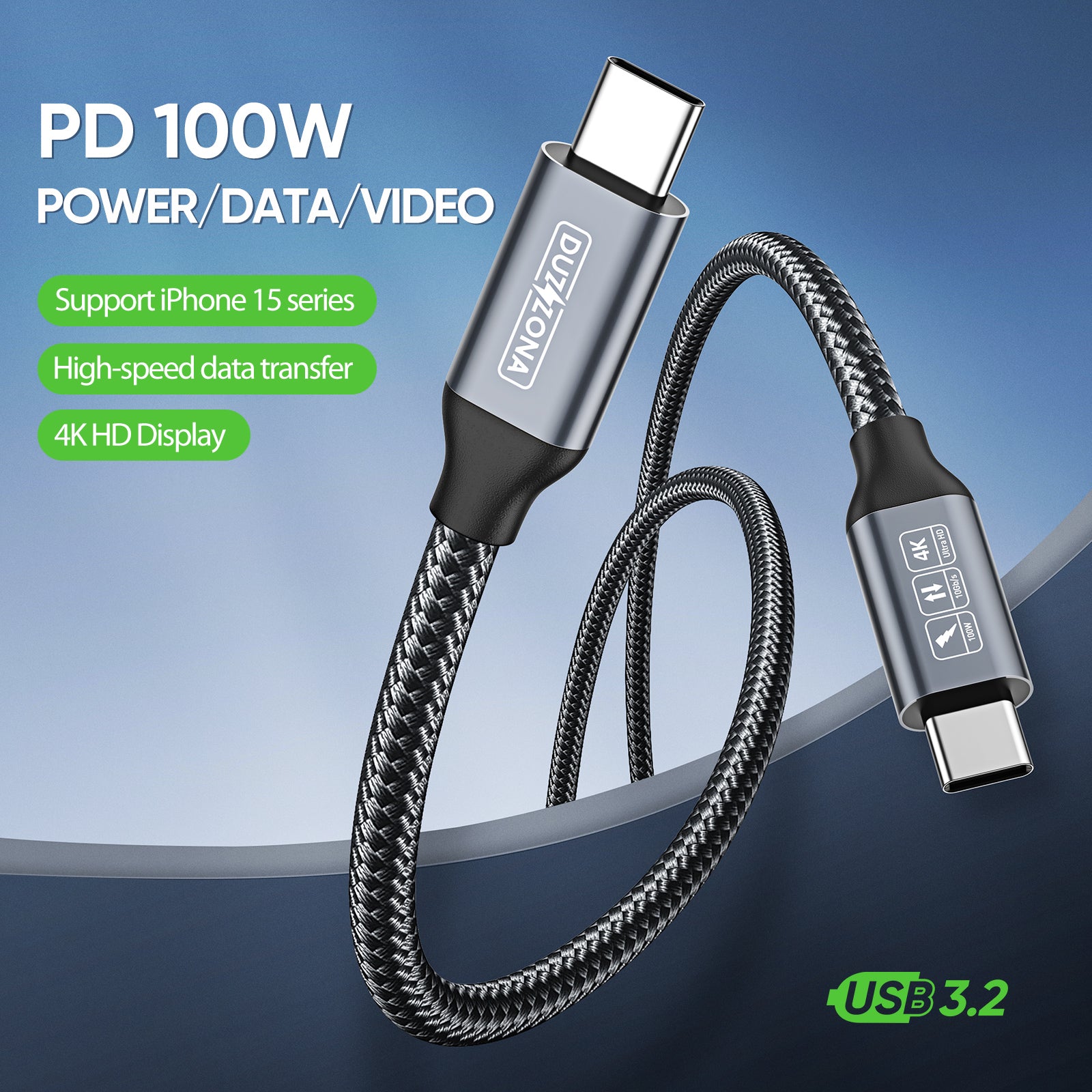 DUZZONA A9 1m PD 100W 10Gbps 4K USB-C to USB-C Cable Fast Charging Data Cord DUZZONA A9 1m PD 100W 10Gbps 4K USB-C to USB-C Cable Fast Charging Data Cord